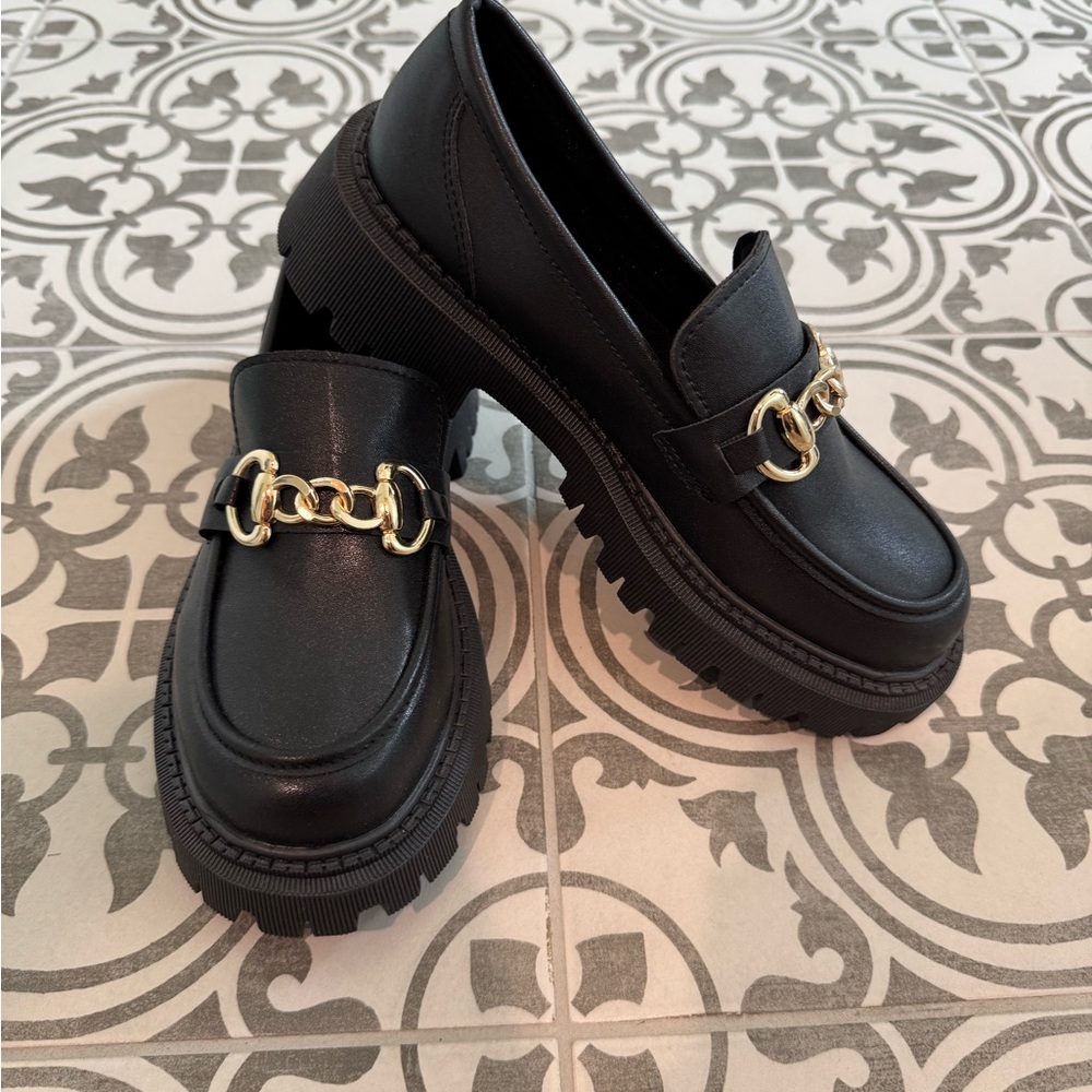Black Loafers with Gold Chain Detail